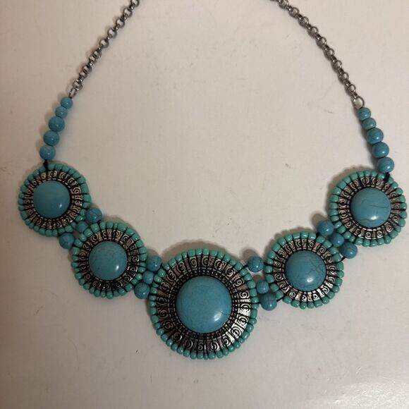 Turquoise‎ Stone Silver Necklace Statement Piece 16” Festival Boho Western - Picture 1 of 10